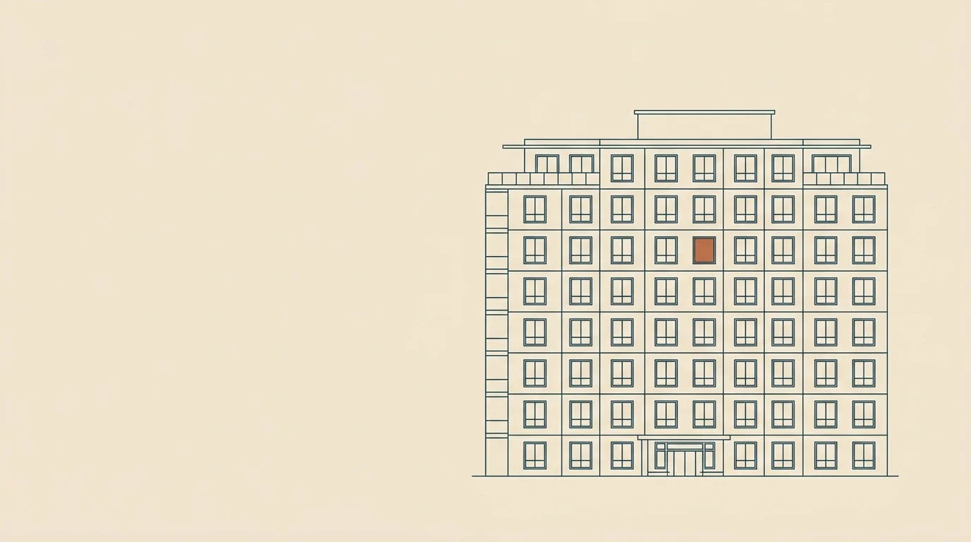 Line drawing of a condominium building with one window in copper