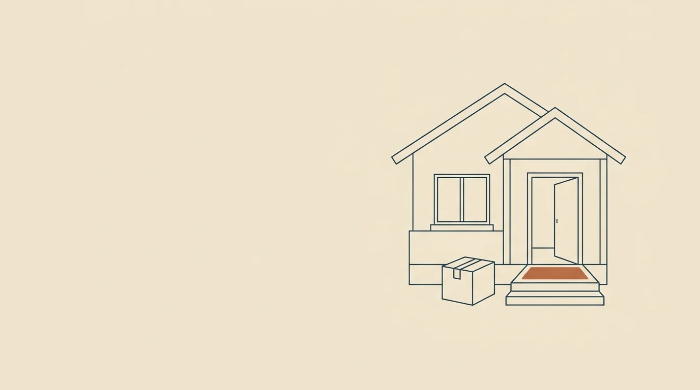 Line drawing of a small house with an open door and a moving box