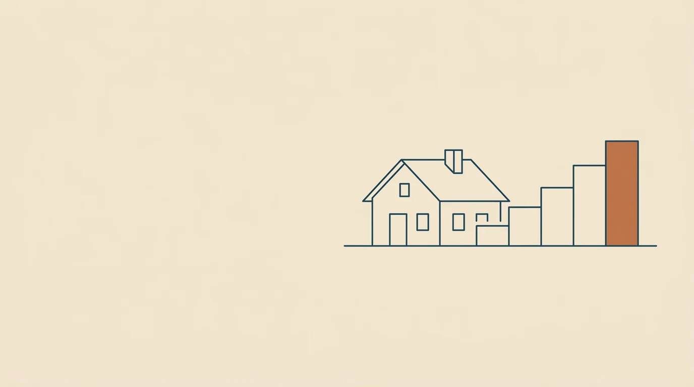 Line drawing of a house beside rising steps, the last one in copper