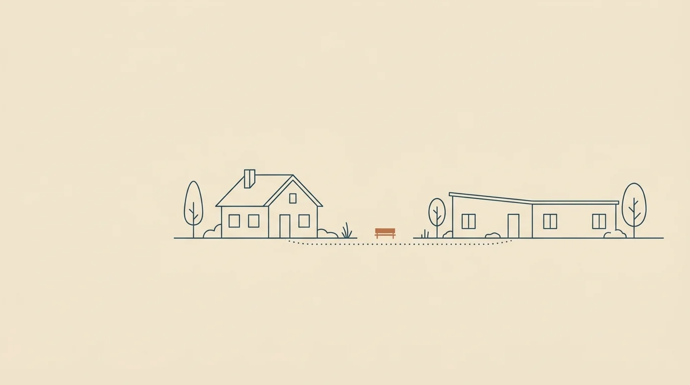 Line drawing of a house and a care residence joined by a path