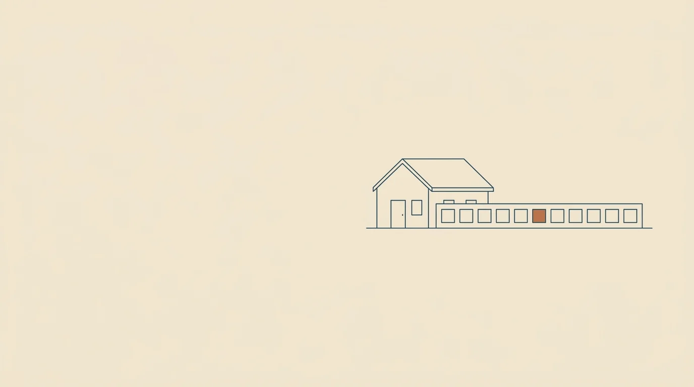 Line drawing of a house beside a strip of twelve squares, one in copper