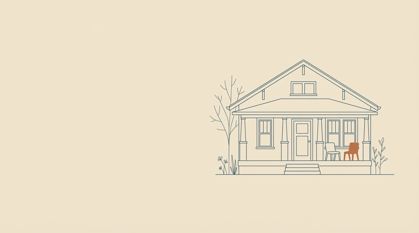 Line drawing of a house with two chairs on the porch, one in copper