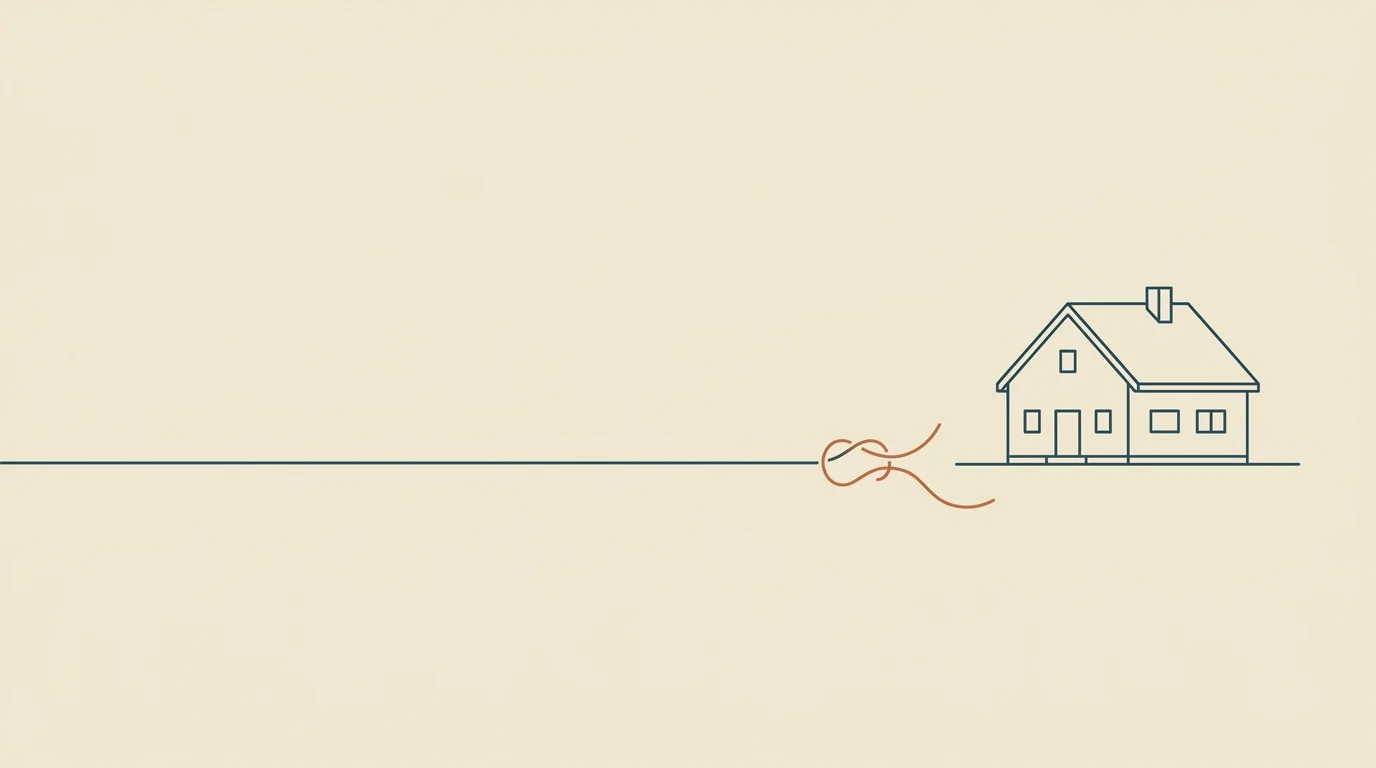Line drawing of a house with a line running toward it that ends in a loosening knot